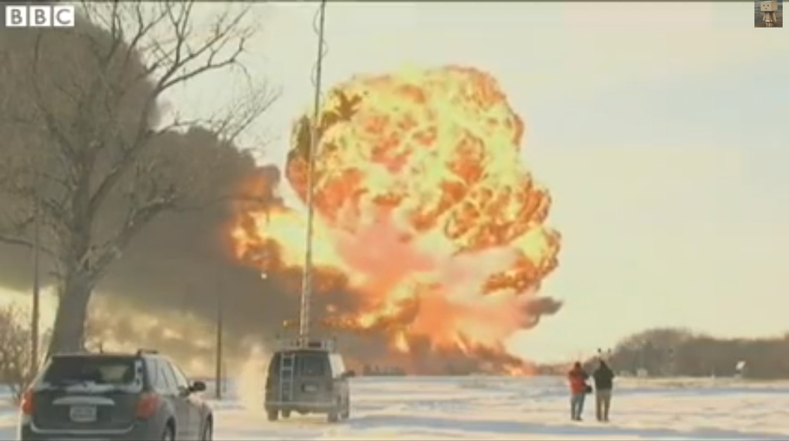 Screen shot of BBC footage of ND oil train explosion.