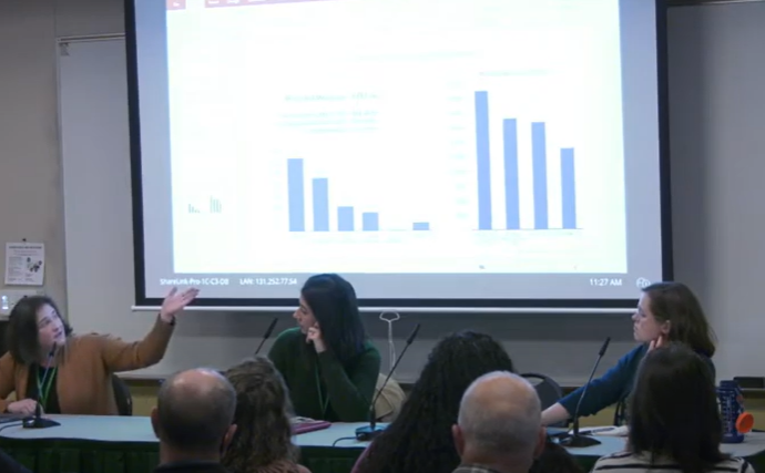 Cassie Graves, with the Portland Housing Bureau, presents data on the performance of Portland’s inclusionary housing program (screenshot from video of session).