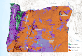 Oregon’s Wildfire Hazard Map and WUI map, overlaid. Source: OR Dept of Forestry.