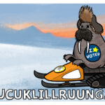 Illustration of a walrus on a snowmobile with a I Voted sticker, encouraging readers to vote in Yupik