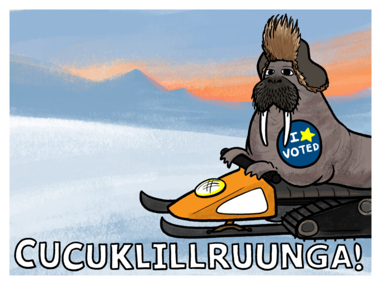 Illustration of a walrus on a snowmobile with a I Voted sticker, encouraging readers to vote in Yupik