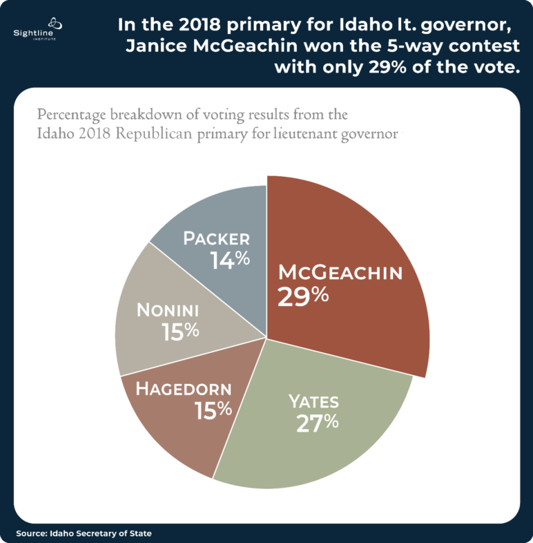 Pie chart showing in the 2018 primary for Idao Lt. Governor, Janice McGeachin won the 5-way contest with only 29% of the vote.