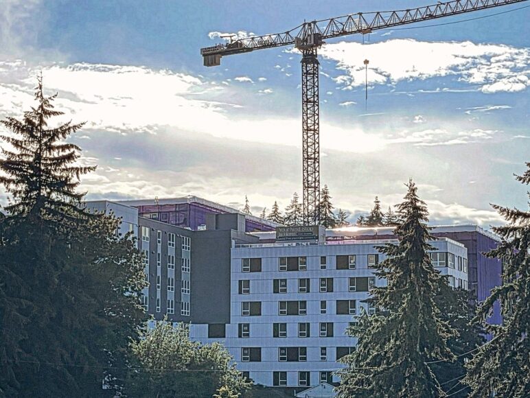 This 241-unit, seven-story apartment building under construction as seen from across the freeway at Sound Transit Link’s 148th Street station was developed under Shoreline’s funded IZ policy.